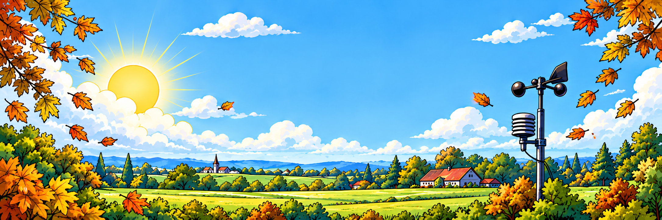 Comic-Wetterlandschaft mit Sonne, Wolken, Wiesen und einer Wetterstation